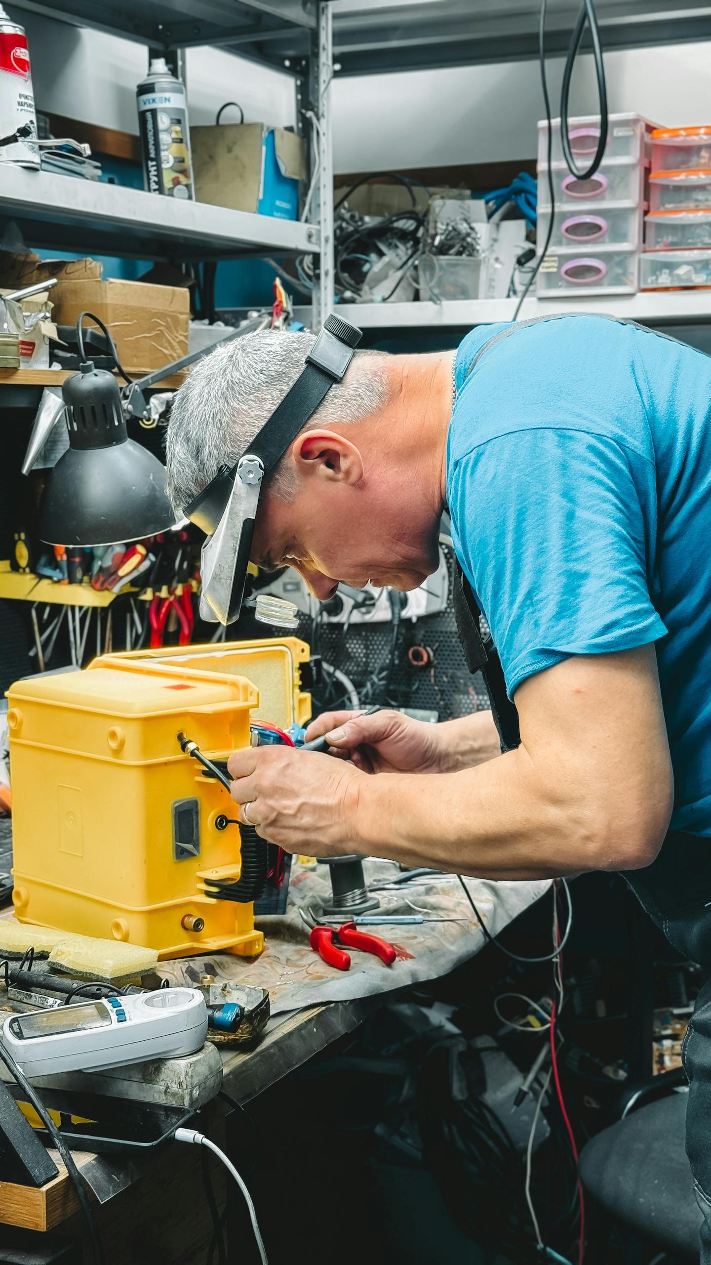 Focused technician working on electronics repair in a cluttered workshop.